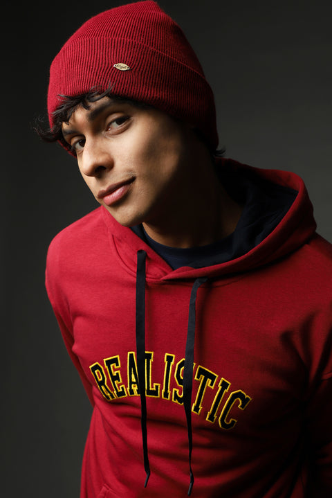 Dark Red Hooded Embroidered Oversize Cotton Sweatshirt