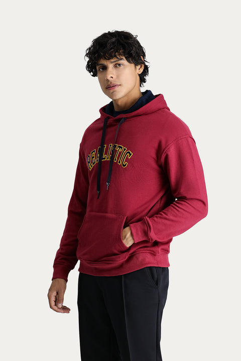 Dark Red Hooded Embroidered Oversize Cotton Sweatshirt