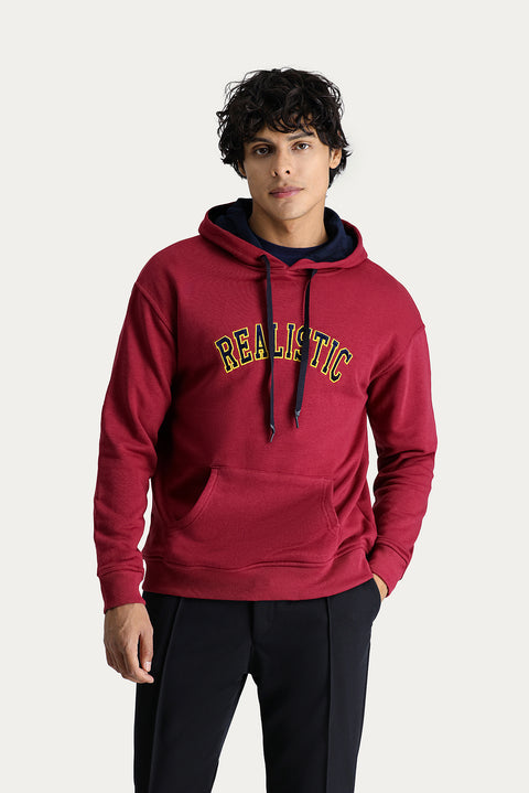 Dark Red Hooded Embroidered Oversize Cotton Sweatshirt