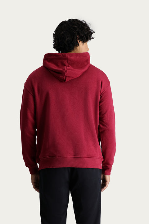 Dark Red Hooded Embroidered Oversize Cotton Sweatshirt