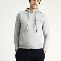 Açık Gri Melanj Slim Fit Dar Kesim Kapüşonlu Baskılı Pamuklu Sweatshirt