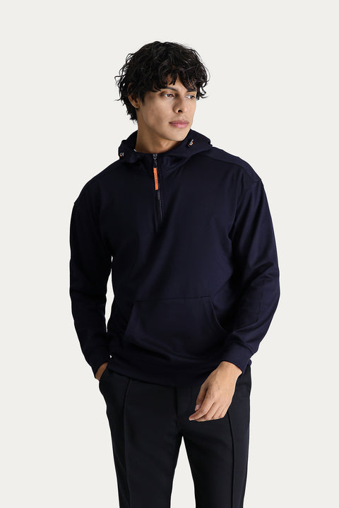 Koyu Lacivert Kapüşonlu Yarım Fermuarlı Oversize Pamuklu Sweatshirt