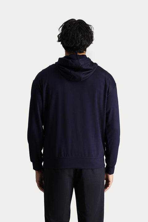 Koyu Lacivert Kapüşonlu Yarım Fermuarlı Oversize Pamuklu Sweatshirt