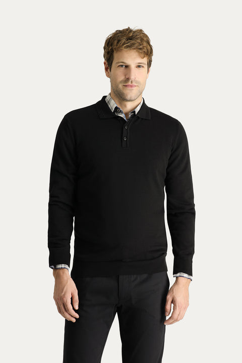 Siyah Polo Yaka Regular Fit Pamuklu Triko Kazak