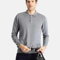 Medium Grey Melange Polo Collar Regular Fit Cotton Knit Sweater