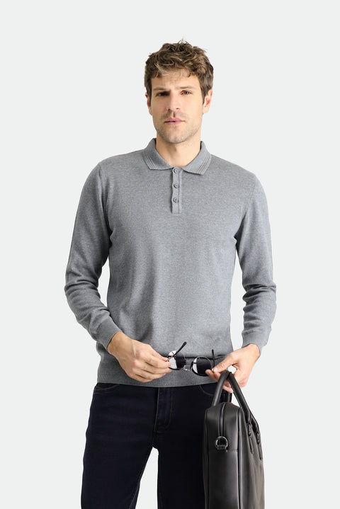 Medium Grey Melange Polo Collar Regular Fit Cotton Knit Sweater