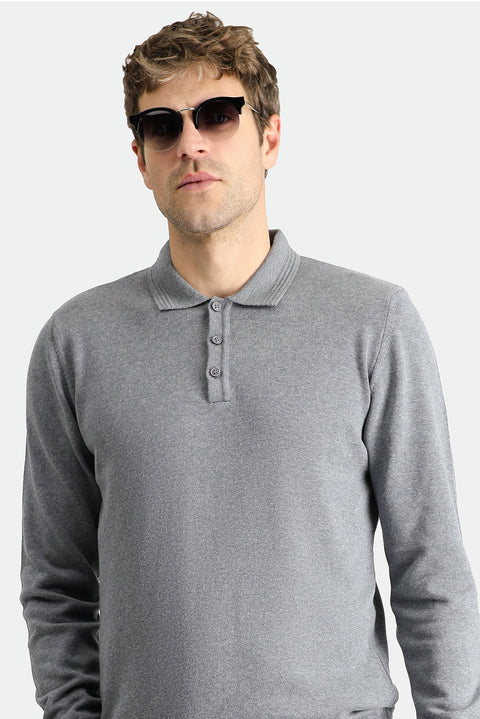 Medium Grey Melange Polo Collar Regular Fit Cotton Knit Sweater