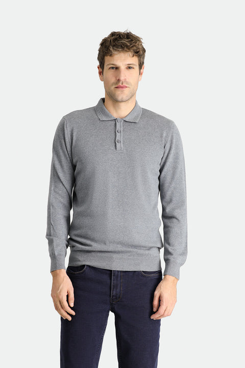 Medium Grey Melange Polo Collar Regular Fit Cotton Knit Sweater