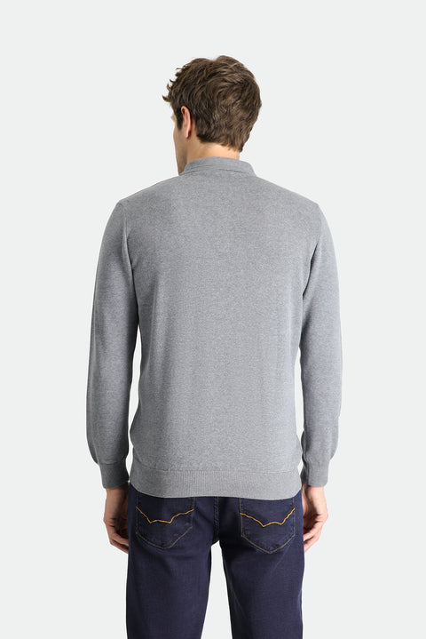 Medium Grey Melange Polo Collar Regular Fit Cotton Knit Sweater
