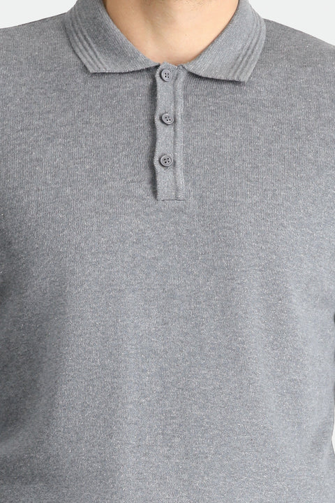 Medium Grey Melange Polo Collar Regular Fit Cotton Knit Sweater