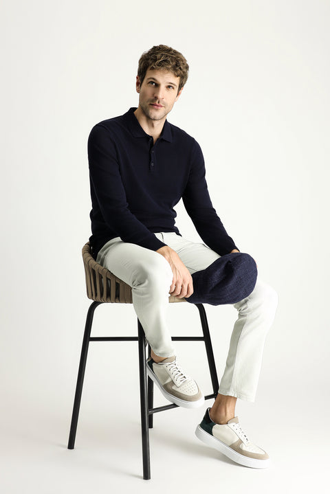 Dark Navy Polo Collar Regular Fit Cotton Knit Sweater
