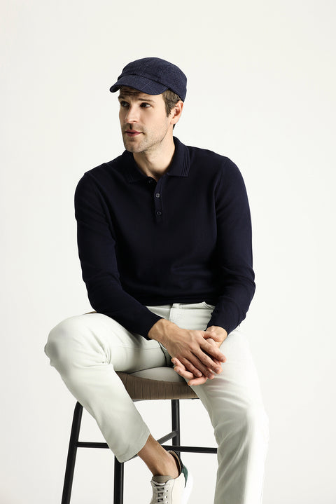 Dark Navy Polo Collar Regular Fit Cotton Knit Sweater