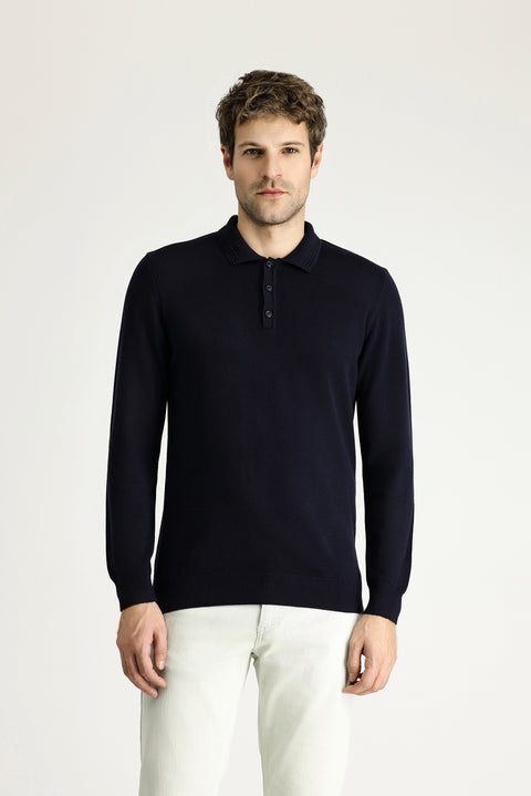 Dark Navy Polo Collar Regular Fit Cotton Knit Sweater