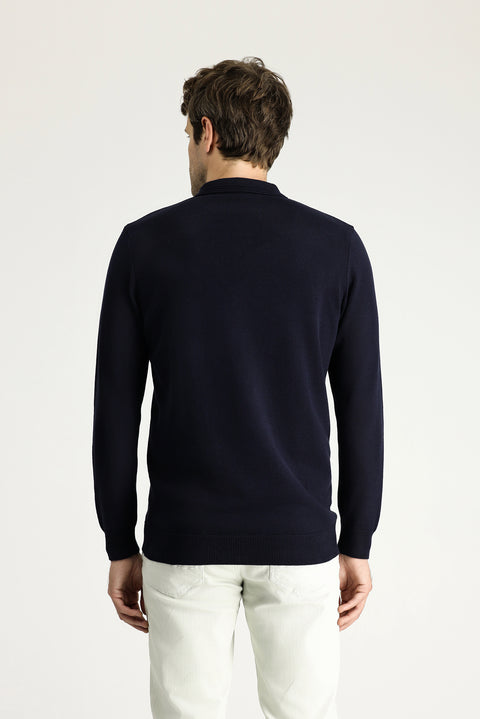 Dark Navy Polo Collar Regular Fit Cotton Knit Sweater