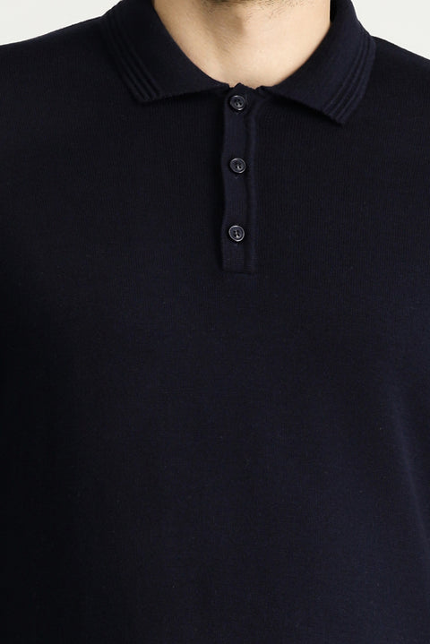 Dark Navy Polo Collar Regular Fit Cotton Knit Sweater