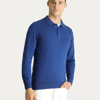 Indigo Polo Collar Regular Fit Cotton Knit Sweater