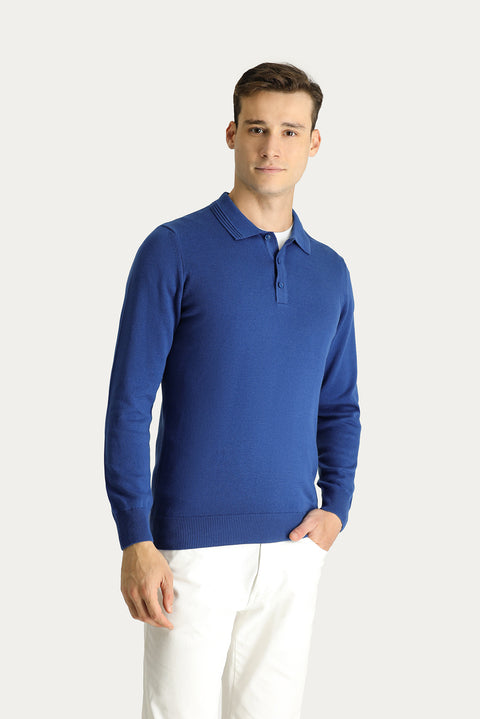 Indigo Polo Collar Regular Fit Cotton Knit Sweater