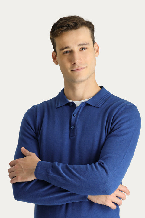Indigo Polo Collar Regular Fit Cotton Knit Sweater