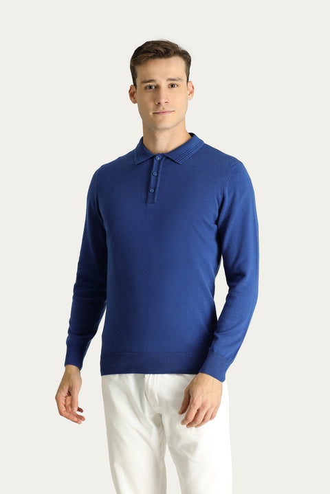 Indigo Polo Collar Regular Fit Cotton Knit Sweater