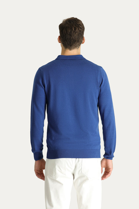 Indigo Polo Collar Regular Fit Cotton Knit Sweater