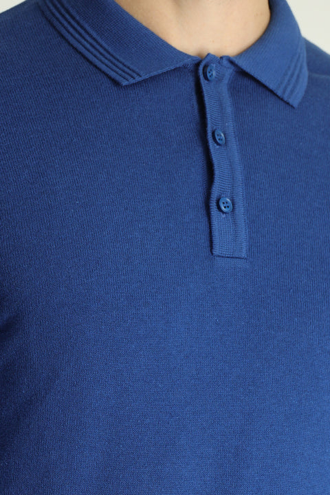 Indigo Polo Collar Regular Fit Cotton Knit Sweater