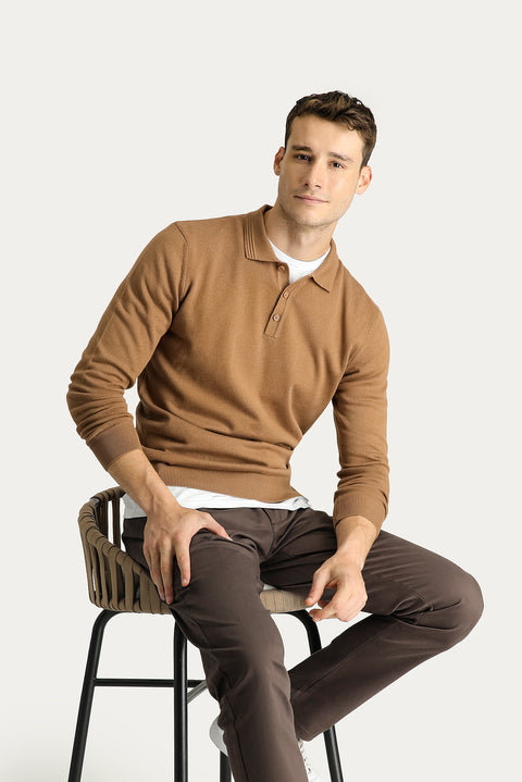 Camel Polo Yaka Regular Fit Pamuklu Triko Kazak