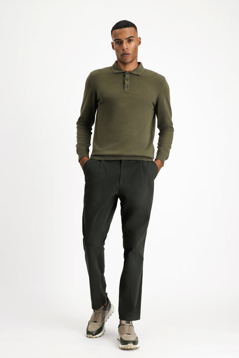 Orta Haki Polo Yaka Regular Fit Pamuklu Triko Kazak