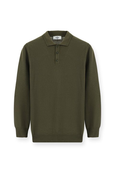 Orta Haki Polo Yaka Regular Fit Pamuklu Triko Kazak