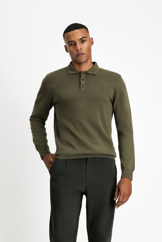  Orta Haki Polo Yaka Regular Fit Pamuklu Triko Kazak