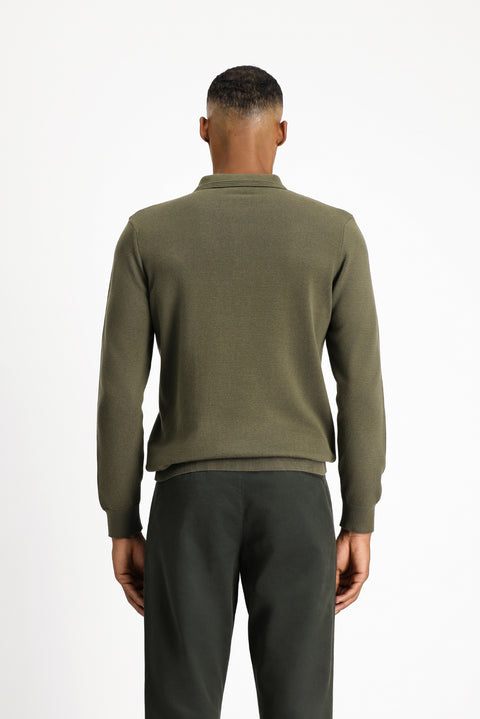 Orta Haki Polo Yaka Regular Fit Pamuklu Triko Kazak