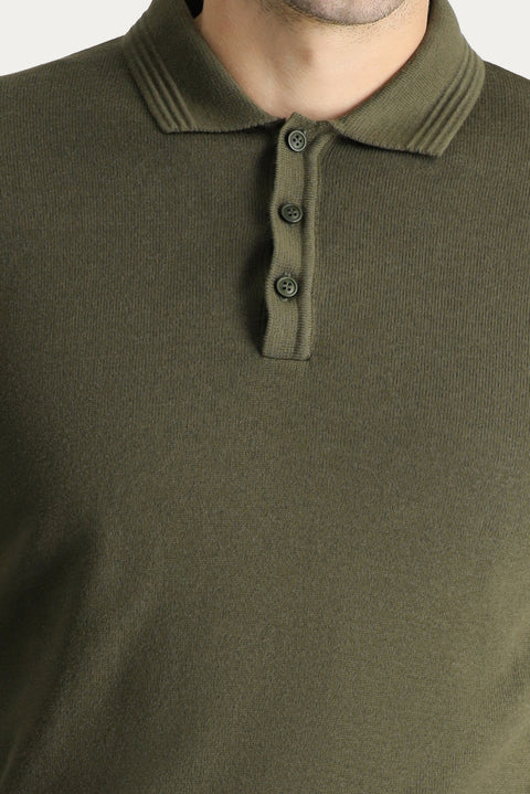 Orta Haki Polo Yaka Regular Fit Pamuklu Triko Kazak