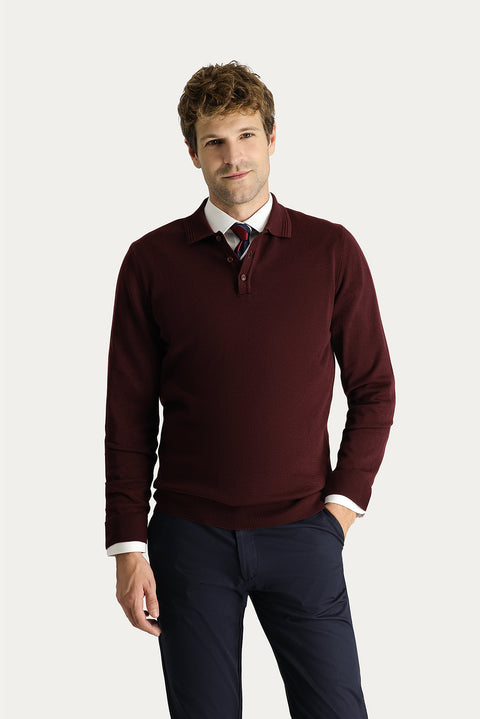 Koyu Bordo Polo Yaka Regular Fit Pamuklu Triko Kazak