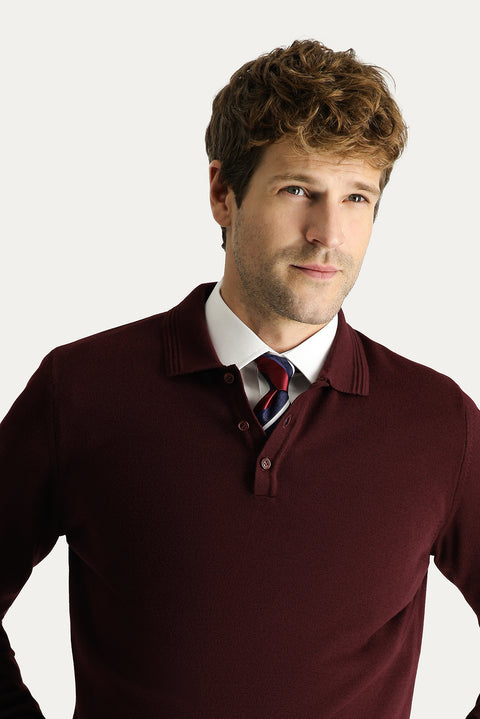 Koyu Bordo Polo Yaka Regular Fit Pamuklu Triko Kazak