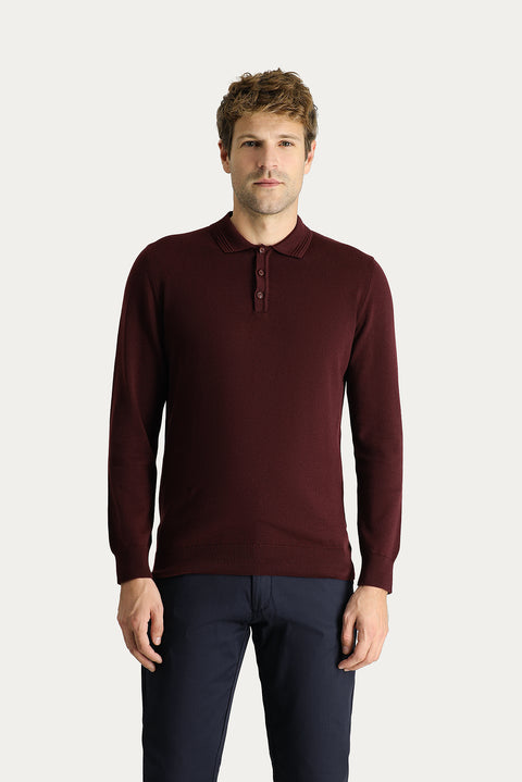 Koyu Bordo Polo Yaka Regular Fit Pamuklu Triko Kazak