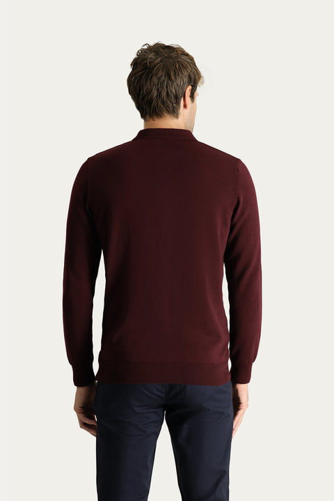 Koyu Bordo Polo Yaka Regular Fit Pamuklu Triko Kazak