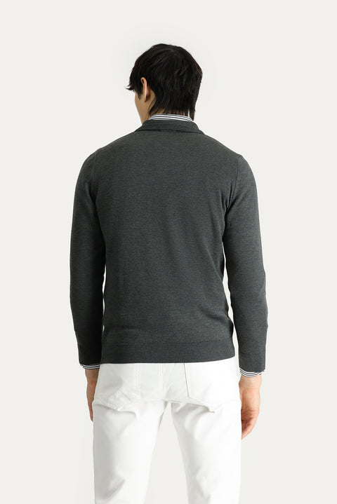 Koyu Antrasit Melanj Polo Yaka Regular Fit Pamuklu Triko Kazak
