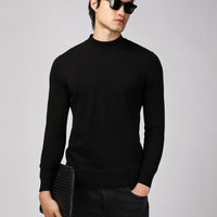 Black Half Turtleneck Regular Fit Cotton Knit Sweater