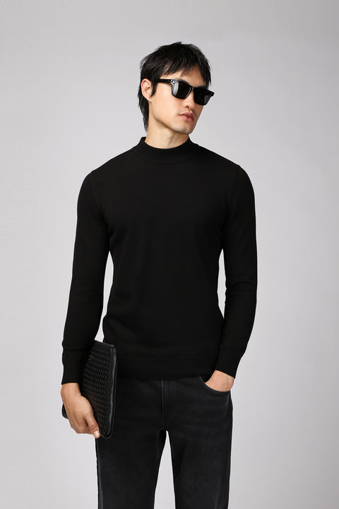Black Half Turtleneck Regular Fit Cotton Knit Sweater