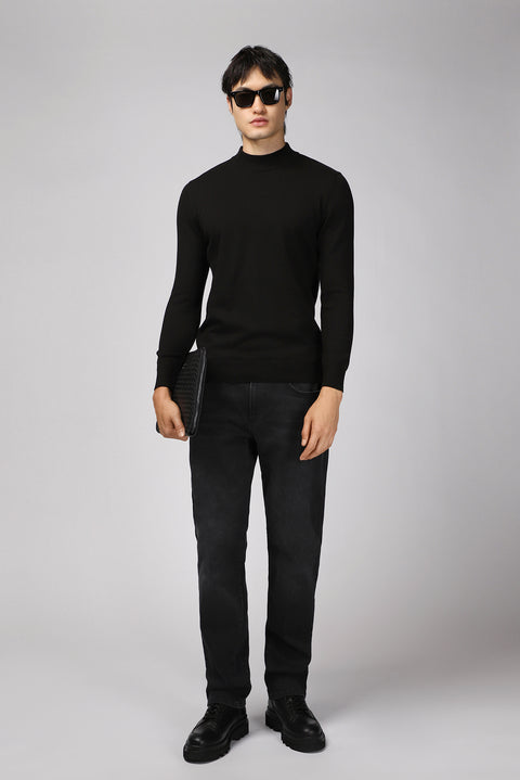Black Half Turtleneck Regular Fit Cotton Knit Sweater