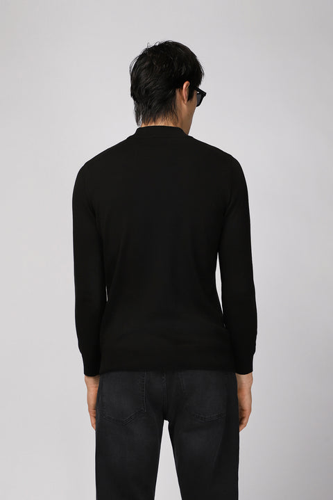 Black Half Turtleneck Regular Fit Cotton Knit Sweater