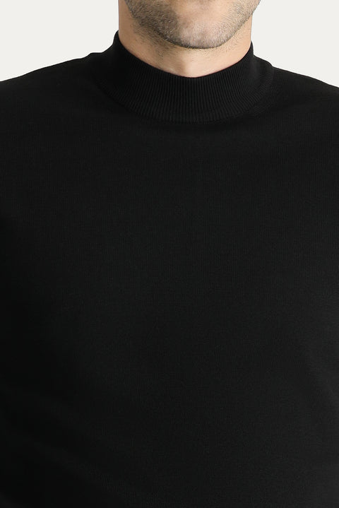 Black Half Turtleneck Regular Fit Cotton Knit Sweater