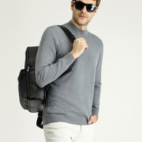 Medium Grey Melange Half Turtleneck Regular Fit Cotton Knit Sweater