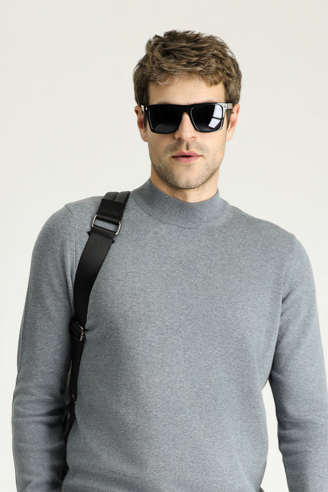 Medium Grey Melange Half Turtleneck Regular Fit Cotton Knit Sweater