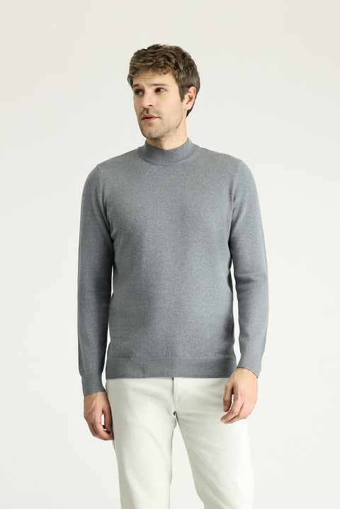 Medium Grey Melange Half Turtleneck Regular Fit Cotton Knit Sweater