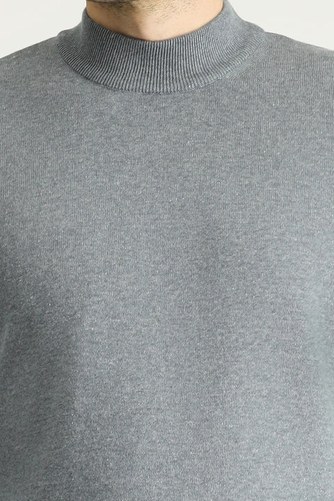 Medium Grey Melange Half Turtleneck Regular Fit Cotton Knit Sweater