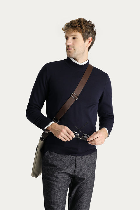 Dark Navy Semi-Turtleneck Regular Fit Cotton Knit Sweater