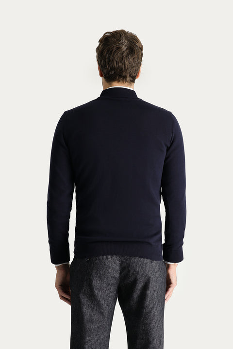 Dark Navy Semi-Turtleneck Regular Fit Cotton Knit Sweater