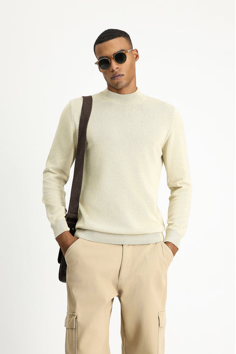 Medium Beige Half Turtleneck Regular Fit Cotton Knit Sweater