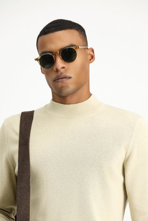 Medium Beige Half Turtleneck Regular Fit Cotton Knit Sweater