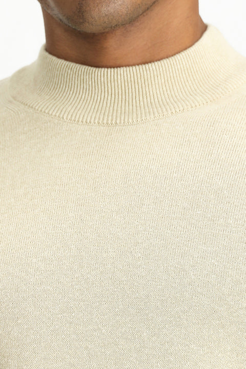 Medium Beige Half Turtleneck Regular Fit Cotton Knit Sweater
